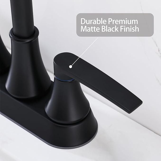 Lead-Free Matte Black Bathroom Sink Faucet, 2 Handle 4 Inch Centerset Faucet, Modern 360° Swivel High-Arc Spout Bath Lavatory Vanity Faucets for Sinks with Drain & Water Hoses, VALZST049B