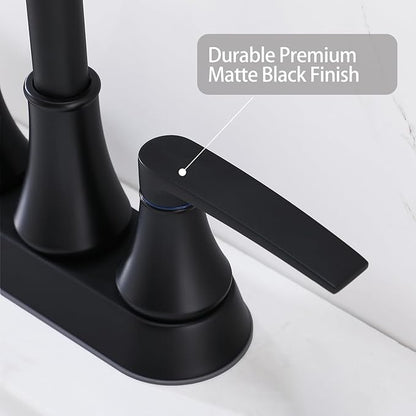 Lead-Free Matte Black Bathroom Sink Faucet, 2 Handle 4 Inch Centerset Faucet, Modern 360° Swivel High-Arc Spout Bath Lavatory Vanity Faucets for Sinks with Drain & Water Hoses, VALZST049B
