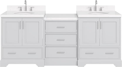 ARIEL Stafford 84-inch Bathroom Vanity with Sink,Solid Wood, 1.5in Carrara White Quartz Countertop & Backsplash, Double Oval Porcelain Sink, 4 Soft Closing Doors, 5 Dovetail Drawers, Grey