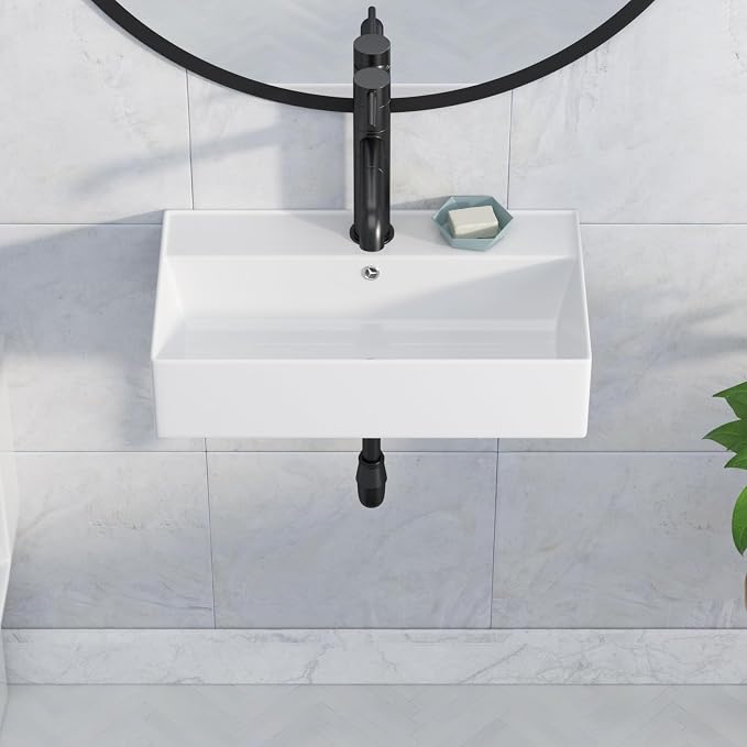 Wall Mounted Bathroom Sink Rectangle Vessel Sink 21" x 12" | Modern Bathroom Compliant Ceramic Bathroom Sinks Porcelain Wall Hung Sink Wash Hand Basin Vanity Sink for Lavatory Room