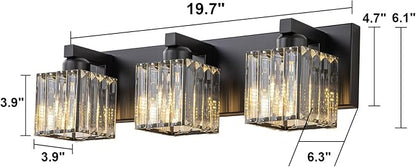 Black Vanity Light, 19.7" Modern Crystal Bathroom Light Fixtures Over Mirror 3-Light Bathroom Vanity Light