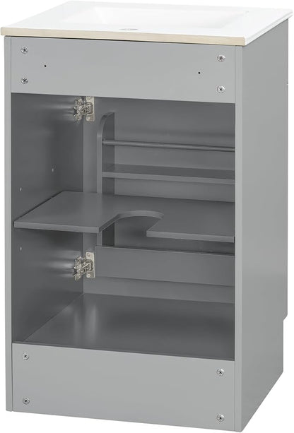 Christopher Knight Home Vanes Wood Frame 20" Bathroom Vanity with Ceramic Sink, Cabinet with Soft-Closing Door Shelf and Adjustable Shelf, Open Back, Metal Hardware, Storage/Organizer, Gray