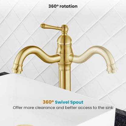 gotonovo Vintage Bathroom Vessel Sink Faucet, Brushed Gold, with Drain | Tall Bathroom Faucet 1 Hole Single Handle, 360° Swivel Spout, cUPC Water Lines, Lead-Free, for Farmhouse Vanity Washbasin RV