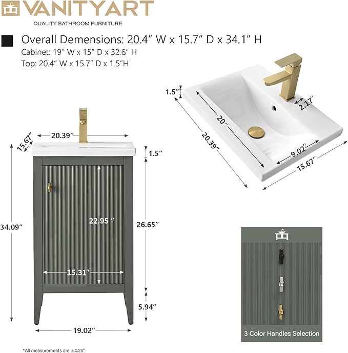 Vanity Art 20 inch Bathroom Vanity with Single Sink & Ceramic Top, Vanity Cabinet with Soft-Closing Door, Solid Wood Frame, Linear Pattern, Vintage Green, Golden Brushed Handware VA9120-VG-GB