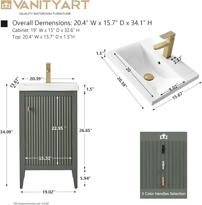 Vanity Art 20 inch Bathroom Vanity with Single Sink & Ceramic Top, Vanity Cabinet with Soft-Closing Door, Solid Wood Frame, Linear Pattern, Vintage Green, VA9120-VG-MB,Matte Black Handles
