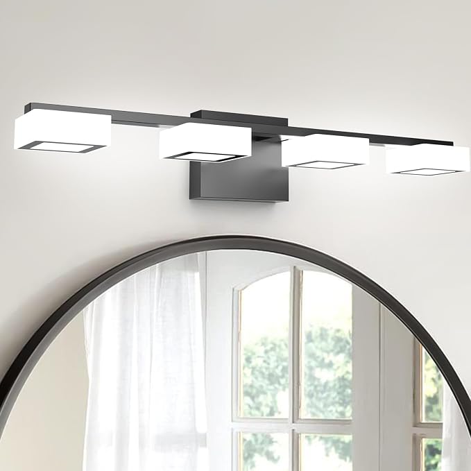 LED Modern Bathroom Light Fixtures Over Mirror, 4-Light Dimmable Vanity Lights, Matte Black Acrylic Bathroom Vanity Light, 2700K-6500K Adjustable, ETL Certificated