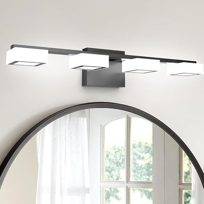 LED Modern Bathroom Light Fixtures Over Mirror, 4-Light Dimmable Vanity Lights, Matte Black Acrylic Bathroom Vanity Light, 2700K-6500K Adjustable, ETL Certificated