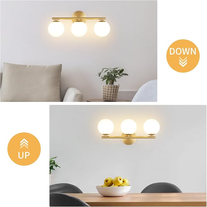 foucasal Gold 3-Light Globe Bathroom Vanity Light Fixture Over Mirror | G9 Socket, Plastic Milk Globe Shades, 4.72" Base, 10W Max, Adjustable Up/Down Light, Mid Century Style for Bathroom Bedroom