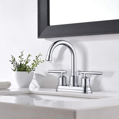 WOWOW Chrome Bathroom Faucet 3 Hole Bathroom Sink Faucet 2 Handle Faucet Centerset 4 inch Vanity Faucet Modern Water Tap with Lift Rod Drain Stopper and Supply Lines