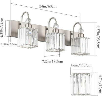 Ralbay Brushed Nickel Vanity Light for Bathroom Crystal 3-Light Modern Crystal Bathroom Light Fixtures