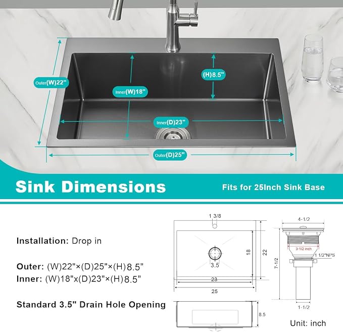 25 Inch Drop in Kitchen Sink Black 18 Gauge Stainless Steel | Single Bowl Single Hole Topmount Sink, 25"x22"x8.5" Large Basin for Family Kitchen, Bar and Prep Area