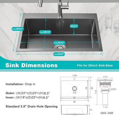25 Inch Drop in Kitchen Sink Black 18 Gauge Stainless Steel | Single Bowl Single Hole Topmount Sink, 25"x22"x8.5" Large Basin for Family Kitchen, Bar and Prep Area