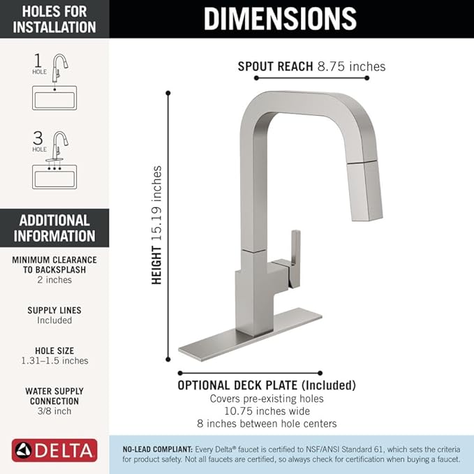 Delta Junction Brushed Nickel Kitchen Faucet with Pull Down Sprayer, Modern Single Hole Kitchen Sink Faucet, Single Handle, Spotshield Stainless 19825LF-SP
