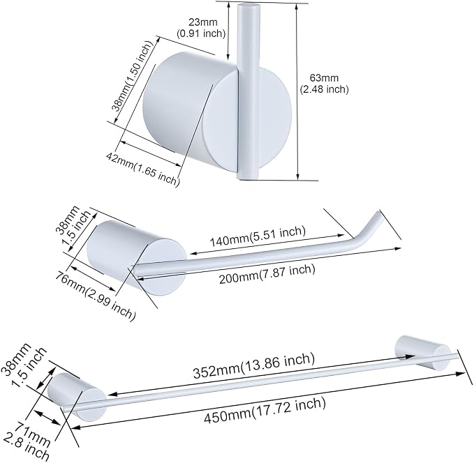 RANDOM Matte White Bathroom Hardware Set 4 Pieces Stainless Steel White Towel Bar Set Includ 18 inch Hand Towel Holder Toilet Paper Holder and 2 Towel Hooks Wall Mounted Bathroom Accessories Kit