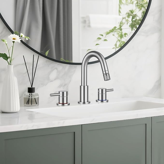 8 Inch 3 Hole Brushed Nickle Pull Down Bathroom Sink Faucet | Stainless Steel,Two Water Flow Modes,Brushed Nickle,3 hole Widespread,Pop-up Drain,Water Supply Hoses,Pull Down Sprayer,