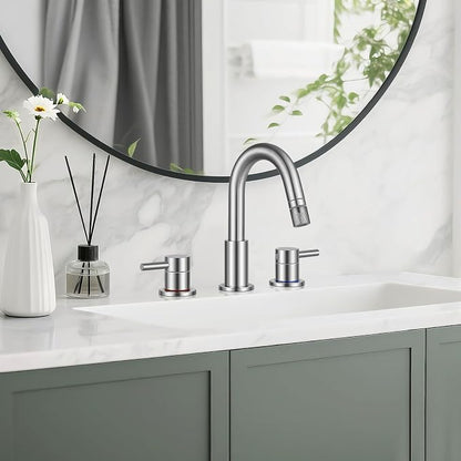 8 Inch 3 Hole Brushed Nickle Pull Down Bathroom Sink Faucet | Stainless Steel,Two Water Flow Modes,Brushed Nickle,3 hole Widespread,Pop-up Drain,Water Supply Hoses,Pull Down Sprayer,
