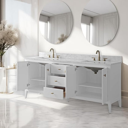 Vanity Art 72 inch Bathroom Vanity with Double Sink & Ceramic Top, Vanity Cabinet with Soft-Closing Door, Solid Wood Frame, Linear Pattern, White, Golden Brushed Handware VA91726-DW-GB