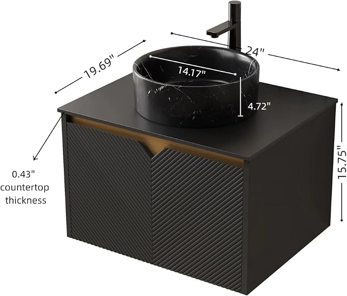24" Bathroom Vanity with Sink, Wall-Mounted Bathroom Vanity with Black Round Ceramic Vessel Basin, Modern Plywood Floating Vanity with Twill Double Doors, Bathroom Storage Cabinet, Black