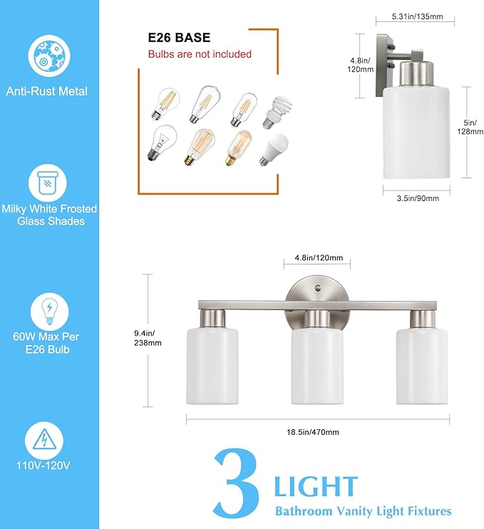 Brushed Nickel 3-Light Bathroom Vanity Light Modern Bathroom Light Fixtures Nickel Vanity Lights with Eye-Friendly Milky White Frosted Glass Shades E26 Socket (Bulbs Not Included)