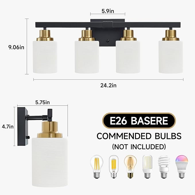 Black and Gold Bathroom Light Fixtures, 4-Light Vanity Lights,24" | Bathroom Vanity Lights with Milky White Glass Shade,Bathroom Lights Over Mirror Wall Lamp Sconces for Mirror Restroom Sink