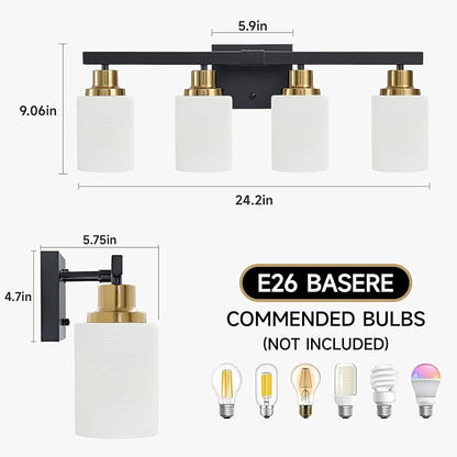Black and Gold Bathroom Light Fixtures, 4-Light Vanity Lights,24" | Bathroom Vanity Lights with Milky White Glass Shade,Bathroom Lights Over Mirror Wall Lamp Sconces for Mirror Restroom Sink