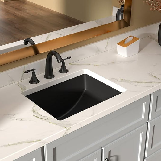 Lordear Undermount Bathroom Sink 18x14 Inch Black Rectangle Porcelain Ceramic Bathroom Sinks Deep Basin with Overflow Lavatory Vanity Sink Mounted Under