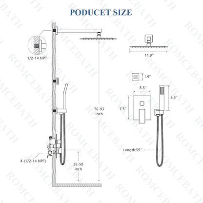 Rain Shower System With Complete 6 Pcs Body Sprays Jets And Pressured Balance Rough-in Valve,12Inch Rainfall Shower Head And Handheld, Modern Brushed Gold Wall Mount Shower Faucets Sets