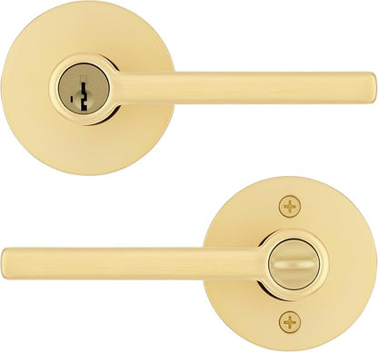 Kwikset Halifax Entry Door Handle with Lock and Key, Secure Keyed Reversible Lever Exterior, for Front Entrance and Bedrooms, Satin Brass, Pick Resistant Smartkey Rekey Security and Microban