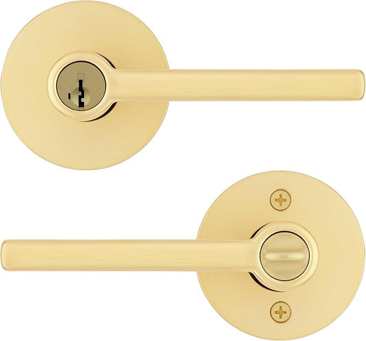 Kwikset Halifax Entry Door Handle with Lock and Key, Secure Keyed Reversible Lever Exterior, for Front Entrance and Bedrooms, Satin Brass, Pick Resistant Smartkey Rekey Security and Microban