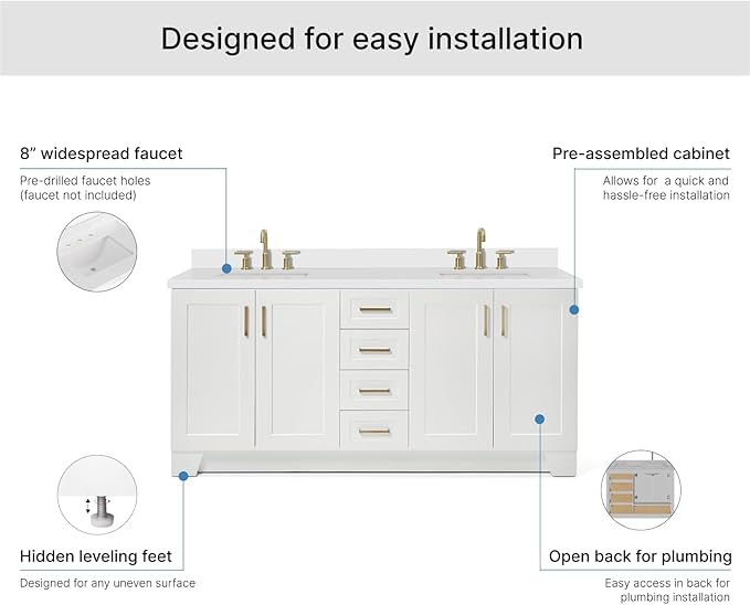ARIEL Taylor 72-inch Bathroom Vanity with Sink,Solid Wood, 1.5-inch Pure White Quartz Countertop & Backsplash, Double Rectangular Porcelain Sink, 4 Soft Closing Doors, 6 Dovetail Drawers, White
