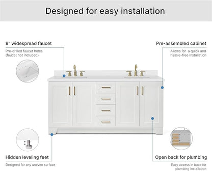ARIEL Taylor 72-inch Bathroom Vanity with Sink,Solid Wood, 1.5-inch Pure White Quartz Countertop & Backsplash, Double Rectangular Porcelain Sink, 4 Soft Closing Doors, 6 Dovetail Drawers, White