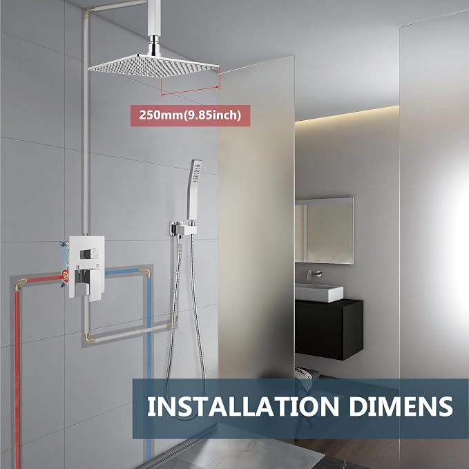 Aolemi Ceiling Shower Faucet Set with Handheld 10" LED Head Polish Chrome | Handheld Spray,10 Inch Rain LED Head,Shower Valve and Trim Kit,All Metal,Ceiling System,Bathroom Mixer