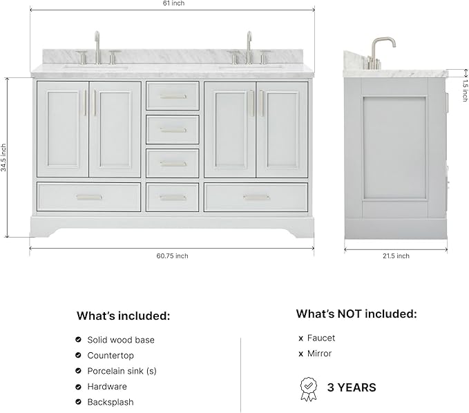 ARIEL Stafford 60-inch Bathroom Vanity with Sink,Solid Wood, 1.5-inch Italian Carrara Marble Countertop, Double Rectangular Porcelain Sink, 4 Soft Closing Doors, 6 Dovetail Drawers, Grey
