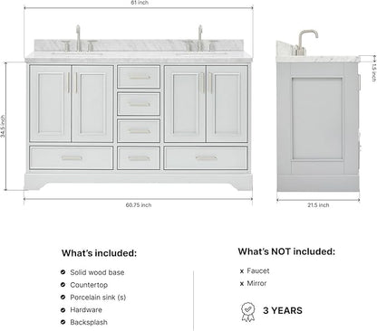 ARIEL Stafford 60-inch Bathroom Vanity with Sink,Solid Wood, 1.5-inch Italian Carrara Marble Countertop, Double Rectangular Porcelain Sink, 4 Soft Closing Doors, 6 Dovetail Drawers, Grey