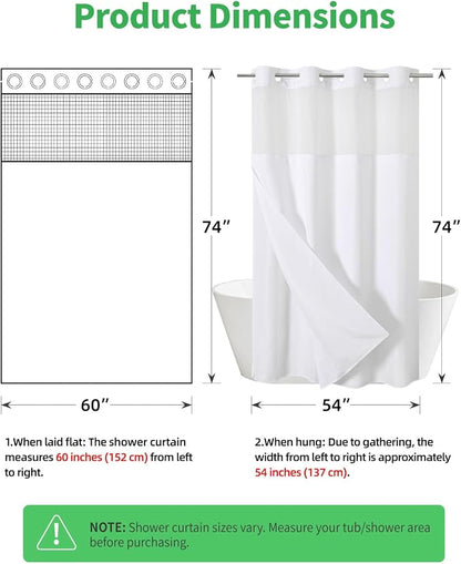 eachope No Hook Linen Texture Shower Curtain with Snap-in Liner,60x74 White | 230GSM Thick Fabric,Hotel Luxury Decor,Mesh Top Window,Waterproof & Machine Washable,for Shower Stall or Bathroom