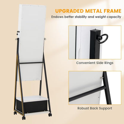 Rolling Jewelry Cabinet with Wheels, Lockable Jewelry Organizer Box with Drawers, Freestanding Jewelry Armoire with Full-length Mirror, for Women Girls Bedroom Cloakroom (White)