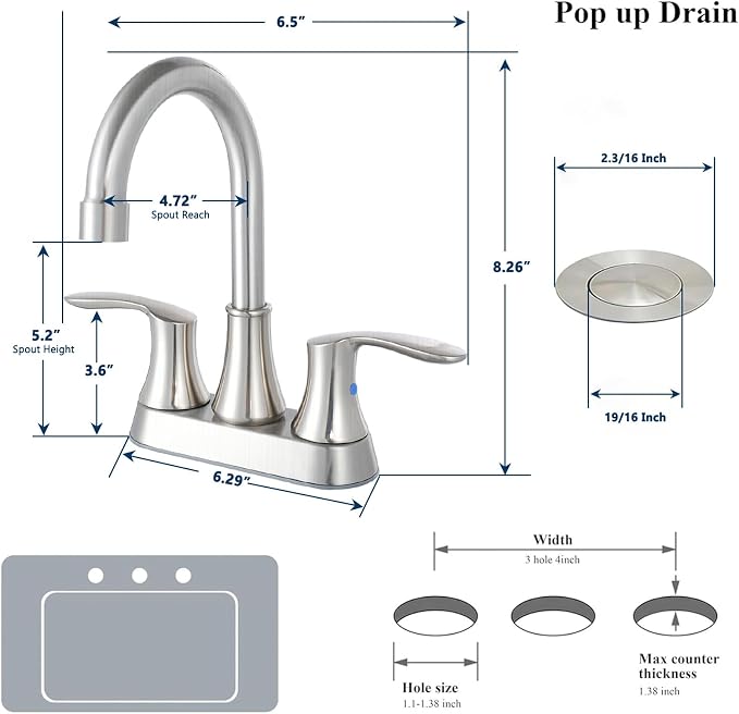 Friho 4 Inch Centerset Bathroom Faucet 2 Pack, 3 Hole Brushed Nickel Lead-Free 2-Handle RV Commercial Vanity Faucet with Drain Stopper & Supply Hoses