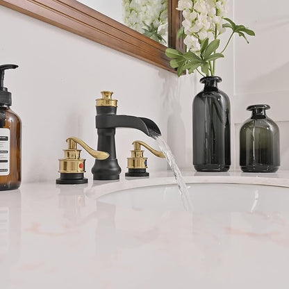 BWE Black and Gold Widespread Bathroom Faucet 3 Hole 8 Inch 2 Handles Commercial Bathroom Sink Faucet with Brass Pop Up Drain Stopper and Supply Lines Bath Vanity Lavatory Mixer Tap