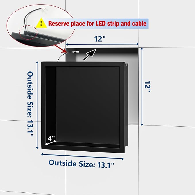 RGB LED Light Shower Niche, Matte Black 12X12 in Stainless Steel Recessed Storage with Remote Control, Waterproof No Tile Needed Wall Niche for Bathroom Storage Built-in Installation