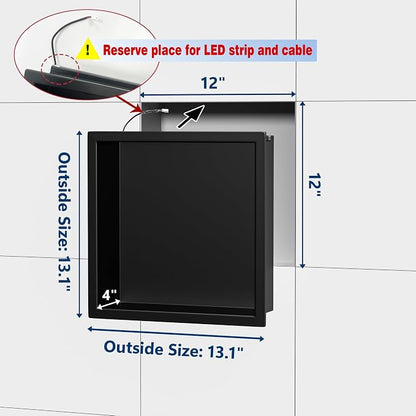 RGB LED Light Shower Niche, Matte Black 12X12 in Stainless Steel Recessed Storage with Remote Control, Waterproof No Tile Needed Wall Niche for Bathroom Storage Built-in Installation
