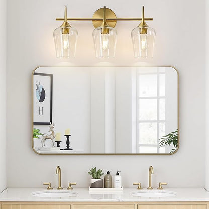 3-Light Bathroom Light Fixtures, 19.5 Inch Brushed Gold Vanity Lights with Wine-Glass Shape, Bathroom Lights Over Mirror, Modern Wall Lamps for Bedroom Living Room Hallway