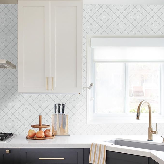 STICKGOO Arabesque Peel and Stick Backsplash, 12”X12” Vinyl Backsplash Tile for Kitchen Peel and Stick, Self Adhesive Wall Tile Stick on Tiles (Thicker Design, White)
