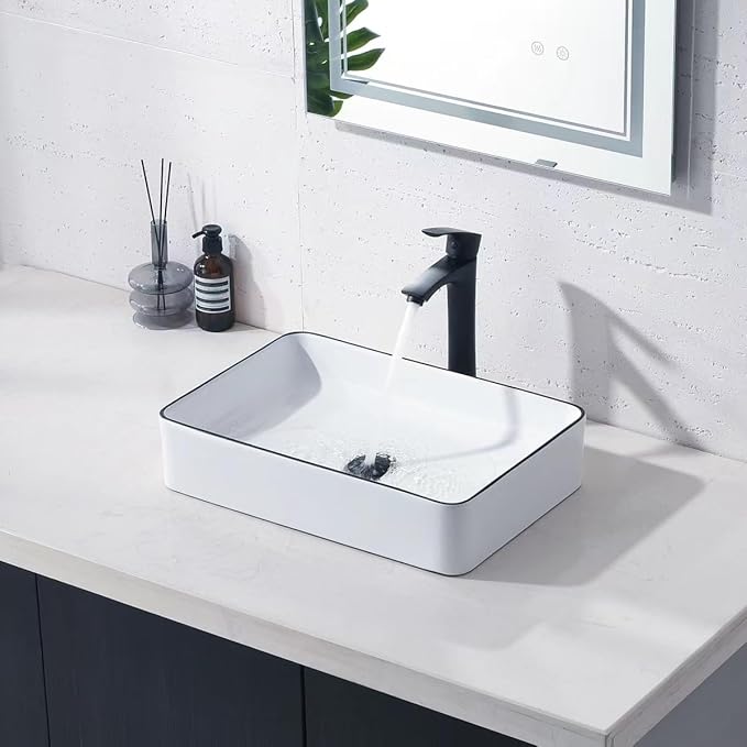 20 Inch Rectangular Bathroom Vessel Sink,20x14 Inch Bathroom Sink White Background with Black Rim Vessel Sink Small Bathroom Sink Above Counter Porcelain Vessel Sink Lavatory Vanity Sink Basin