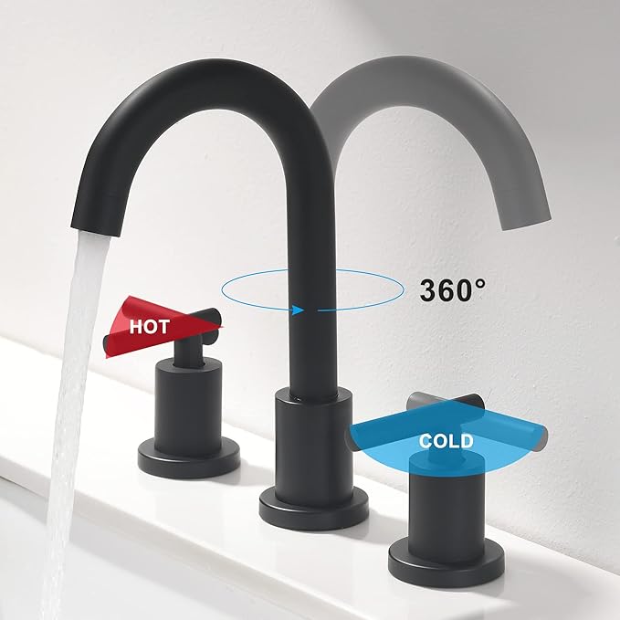 Two Handle Widespread Bathroom Sink Faucet - 3 Hole Vanity Faucet with Pop-Up Drain & cUPC Faucet Supply Lines, 8 Inch Black Bathroom Sink Faucet