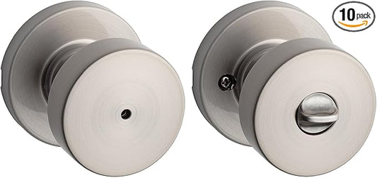 Kwikset Pismo Interior Privacy Door Knob with Lock, Door Handle for Bathroom and Bedroom, Satin Nickel Keyless Turn Lock Doorknob, with Microban Protection (Pack of 10)