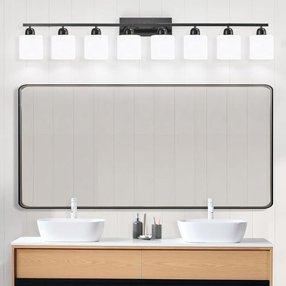 8 Light Black Bathroom Light Fixtures Over Mirror for Big Mirror, Modern Bathroom Lighting with Milky White Frosted Glass Shades,51 inch Lights for Vanity for Mirrors, E26
