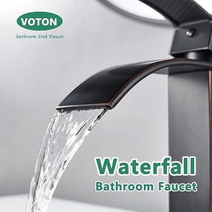 VOTON Bathroom Faucets Oil Rubbed Bronze Modern Waterfall Bathroom Sink Faucet Single Handle Bathroom Faucet for 1 or 3 Holes with Deck Plate and Pop-Up Drain, Rv Sink Camper Farmhouse Faucet