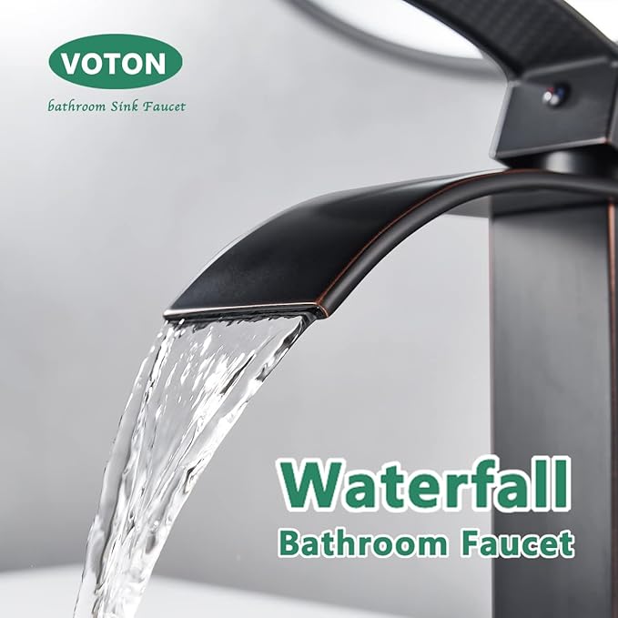 VOTON Bathroom Faucets Oil Rubbed Bronze Modern Single Handle Waterfall Sink Faucet for 1 or 3 Holes with Deck Plate, Rv Sink Camper Farmhouse Bathroom Utility Remodel Faucet