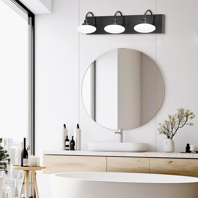 3-Light Matt Black Bathroom Vanity Light Fixture, LED Wall Sconce Over Mirror,Modern Vanity Light with Selectable Tempreture 3000K-6000K,Dimmable Mirror Light for Bathroom,Hallway, Cloakroom