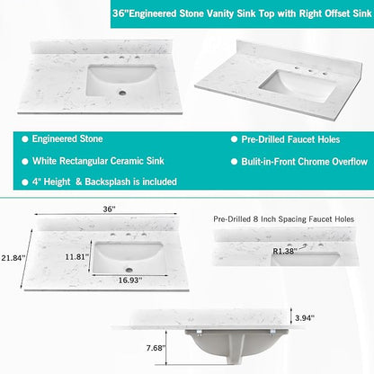 36"x22" Engineered Stone Bathroom Vanity Top with Rectangular Undermount Ceramic Right Offset Sink, 8 Inch Faucet Hole Spread with Backsplash Bathroom Vanity Sink Top (Cabinet Not Included)